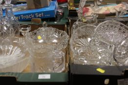 TWO TRAYS OF ASSORTED GLASSWARE TO INCLUDE CUT GLASS DECANTERS, DARTINGTON BOWLS ETC