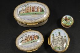 FOUR STAFFORDSHIRE ENAMEL PILL BOXES TO INCLUDE HALCYON DAYS EXAMPLES