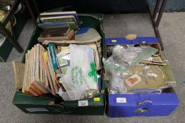 TWO TRAYS OF ASSORTED EPHEMERA TO INCLUDE TEACARDS, FIRST DAY COVERS, VINTAGE BOOKS, MAPS,