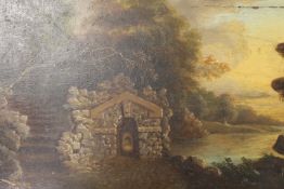 A LATE 17TH / EARLY 18TH CENTURY STORMY WOODED RIVER LANDSCAPE WITH SHRINE