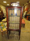 A 19TH CENTURY MAHOGANY INLAID DISPLAY CABINET WITH LEADED AND STAINED GLASS