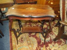 AN EDWARDIAN ROSEWOOD INLAID TWO TIER OCCASIONAL TABLE