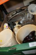 A TRAY OF ASSORTED METALWARE AND CERAMICS TO INCLUDE SILVER PLATED SALVERS, PLANTERS ETC