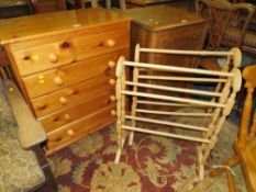 A MODERN PINE FIVE DRAWER CHEST A/F TOGETHER WITH TWO TOWEL RAILS (3)