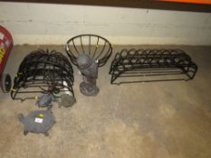 A QUANTITY OF GARDEN RACKS, ORNAMENTS ETC
