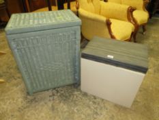 A WICKER LINEN BOX WITH WOOL ETC TOGETHER WITH A RETRO STOOL / BOX (2)