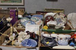 FOUR TRAYS OF ASSORTED CERAMICS AND COLLECTABLES TO INCLUDE ORIENTAL ITEMS, CARVED WOODEN LIDDED
