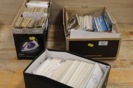 A SELECTION OF VINTAGE POSTCARDS ETC CONTAINED IN THREE BOXES