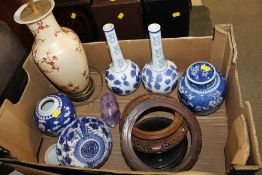 A BOX OF ORIENTAL ITEMS ETC TO INC AN ORIENTAL AMETHYST TYPE FIGURE OF A PIG ETC