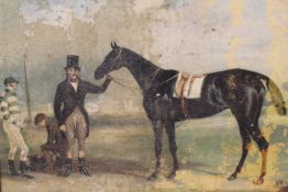 A GILT FRAMED PICTURE OF A RACE HORSE SCENE