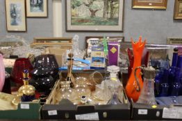 THREE BOXES OF ASSORTED GLASSWARE TO INCLUDE STUDIO GLASS, BOHEMIAN GLASS DECANTER & GLASSES, CLARET