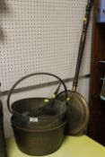 TWO CAST METAL JAM PANS TOGETHER WITH A BED WARMING PAN