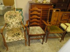 AN EDWARDIAN MAHOGANY CHAIR, AN UPHOLSTERED ARMCHAIR AND AN OAK CHAIR (3)