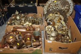 TWO TRAYS OF ASSORTED BRASSWARE TOGETHER WITH A TRAY OF ASSORTED COPPERWARE (3)