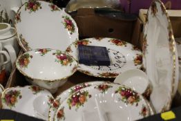 FOUR TRAYS OF ROYAL ALBERT OLD COUNTRY ROSES TEA AND DINNERWARE ETC, TO INCLUDE TEA AND COFFEE POTS,