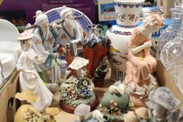 A TRAY OF ASSORTED ORIENTAL FIGURES AND OTHER CERAMICS ETC TO INCLUDE STUDIO POTTERY MOUSE THEMED