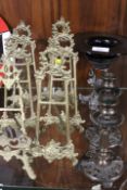 SIX BRASS PICTURE EASELS TOGETHER WITH A PAIR OF CANDLESTICKS AND AN DECORATIVE FOOTED BOWL