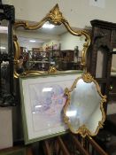 A MODERN GILT WALL MIRROR, W-79 CM WITH ANOTHER MIRROR AND A GORDON KINE PRINT (3)