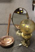 A BRASS VANITY MIRROR TOGETHER WITH A DECORATIVE BRASS OIL LAMP AND COPPER BED WARMING PAN