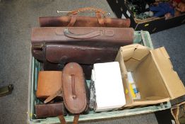 A VINTAGE SATCHEL PLUS TWO BRIEFCASES AND A SELECTION OF EMPTY LEATHER EQUIPMENT CASES