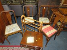 A SET OF FOUR VINTAGE DINING CHAIRS, TOWEL RAIL AND A TABLE
