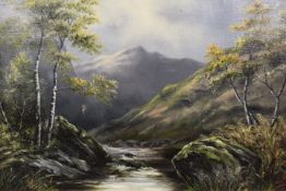 A SMALL OIL ON CANVAS OF A MOUNTAINOUS RIVER SCENE INDISTINCTLY SIGNED LOWER RIGHT