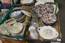 TWO TRAYS OF ASSORTED CERAMICS ETC TO INCLUDE IRONSTONE STYLE PLATES. BEER STEINS, AYNSLEY, ALFRED