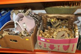 TWO BOXES OF ASSORTED GILT AND PLATER DECORATIVE ITEMS TO INCLUDE WALL HANGING CHERUBS, MIRRORS