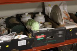 THREE TRAYS OF ASSORTED CERAMICS TO INCLUDE WEDGWOOD JASPERWARE, JELLY MOULDS ETC