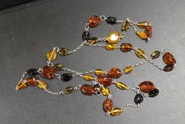 EXTRA LONG HALLMARKED SILVER AND AMBER NECKLACE IN BOX