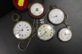 FOUR ASSORTED POCKET WATCHES TOGETHER WITH A VINTAGE CASED COMPASS (5)