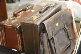 A TRAY TO INCLUDE AN OAK BOX, VINTAGE SATCHELS ETC