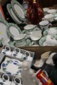 THREE TRAYS OF ASSORTED CERAMICS TO INCLUDE A BOXED SET OF SIX WEDGWOOD SUSIE COOPER COFFEE CANS AND