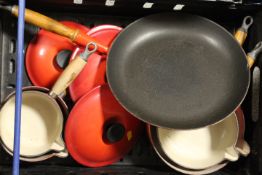 A QUANTITY OF SUNDRIES TO INCLUDE A TRAY OF LE CRUESET POTS AND PANS ETC