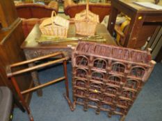 A PART BRASS COMPANION SET, WICKER HAMPERS, WINE RACK ETC