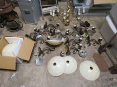 TWELVE BRONZED BRASS TIFFANY STYLE WALL LIGHTS WITH GLASS CONICAL SHADES TOGETHER WITH A MODERN