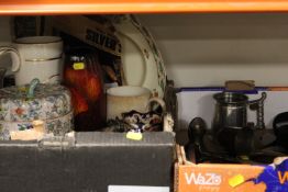 TWO TRAYS OF ASSORTED CERAMICS AND COLLECTABLES ETC TO INCLUDE MASONS MANDELAY JUGS