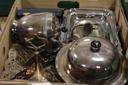 A BOX OF ASSORTED SILVER PLATED ITEMS ETC