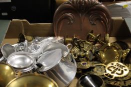 TWO TRAYS OF ASSORTED METALWARE TO CRUMB TRAY ETC