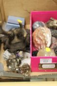 A SMALL TRAY OF COLLECTABLES TO INCLUDE ROCK SAMPLES, MOUNTED ANTLERS ETC