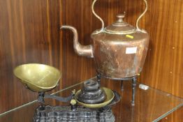 VICTORIAN COPPER KETTLE ON STAND AND KITCHEN SCALES WITH WEIGHTS