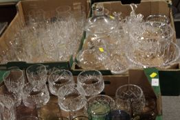 THREE TRAYS OF ASSORTED GLASSWARE TO INCLUDE CUT GLASS BOWLS. DRINKING GLASSES ETC