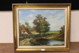 A GILT FRAMED OIL ON CANVAS OF A VILLAGE POND WITH THATCHED COTTAGE