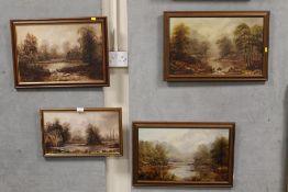 FOUR FRAMED OILS ON CANVAS OF WOODLAND RIVER SCENES BY E. WALKER 1968