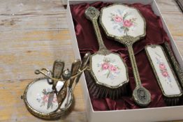 A VINTAGE PETIT POINT EMBROIDERED DRESSING TABLE SET