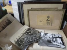 A TRAY OF ASSORTED VINTAGE BLACK AND WHITE PHOTOGRAPHS ETC, TO INCLUDE WEDDING ALBUMS - ONE WITH