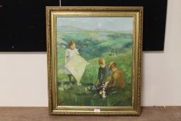 A GILT FRAMED OIL ON CANVAS OF CHILDREN PLAYING WITH KITES ON A HILLSIDE
