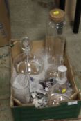 A SMALL TRAY OF GLASS DECANTERS ETC
