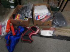 TWO TRAYS OF ASSORTED UNUSED MARTIAL ARTS CLOTHING / BELTS ETC