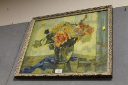 A GILT FRAMED AND GLAZED LITHOGRAPHIC STYLE STILL LIFE PRINT OF FLOWERS IN A VASE BY A GUSTEIGER